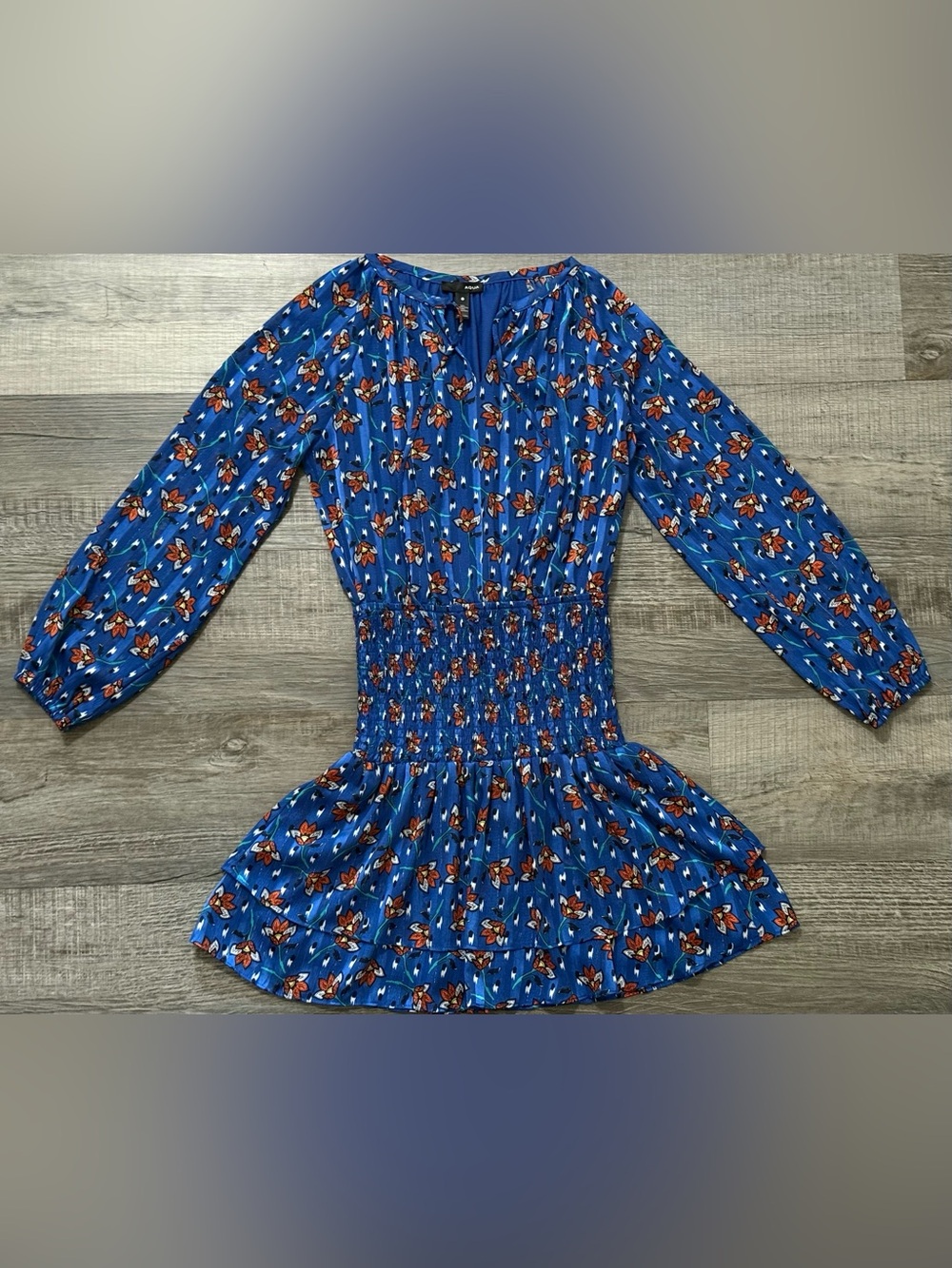 Aqua Blue Floral Smocked Waist Casual Dress XS